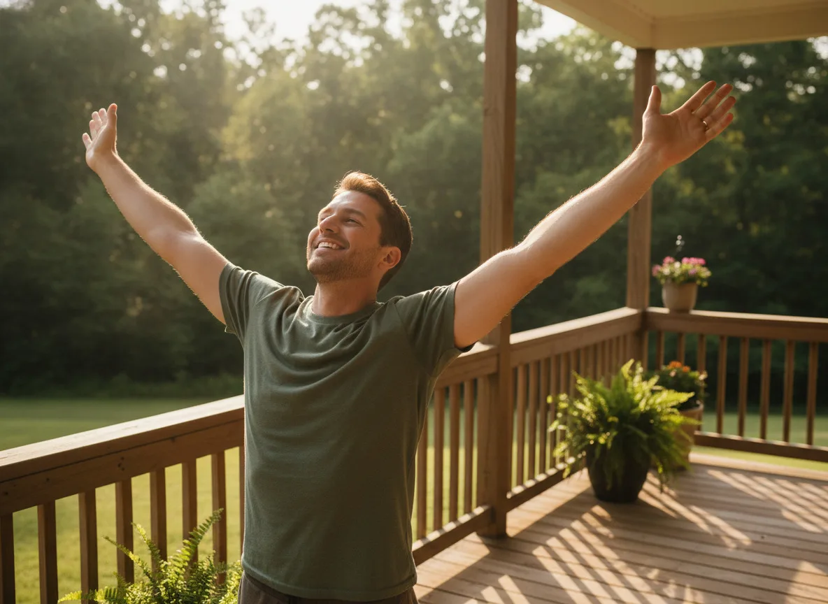 Man stretching on a sunlit porch